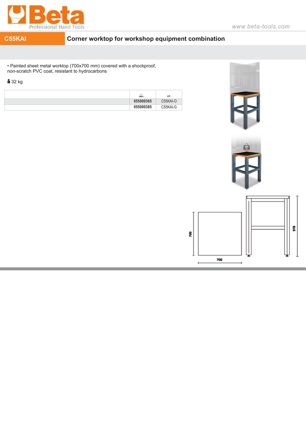 Corner Worktop, 700x700mm, PVC Coated, Hydrocarbon Resistant - BetaRSC55 C55KAI-O