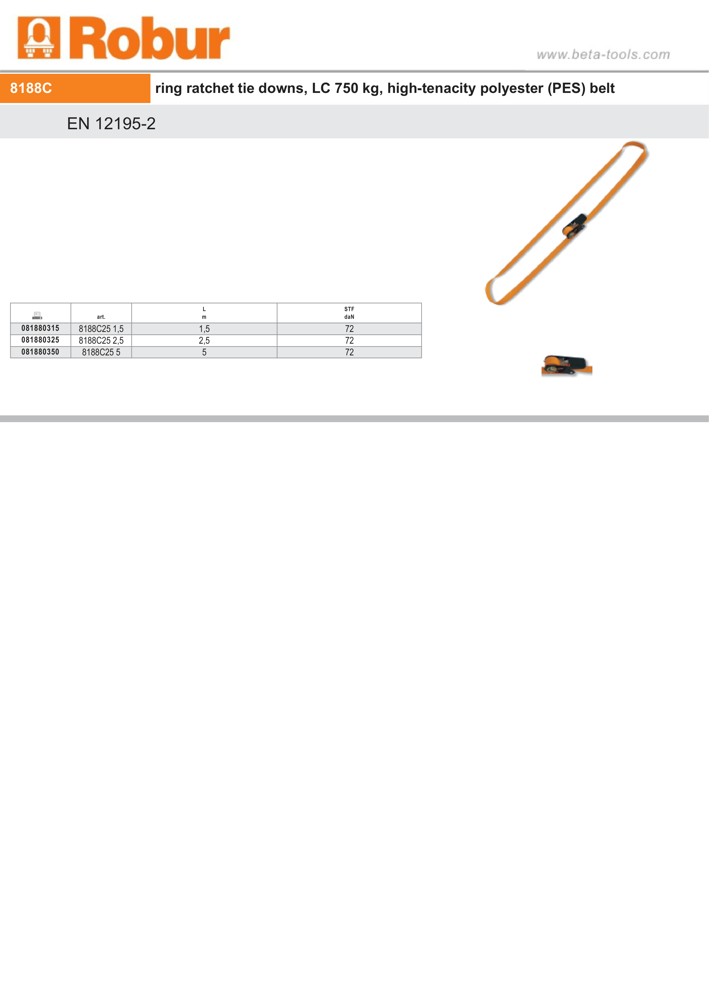 Ring Ratchet Tie Downs 750kg High-Tenacity Polyester 5m - Robur 8188C25 5