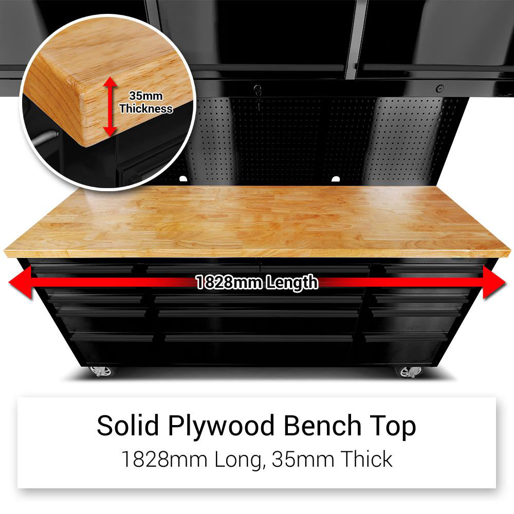 72 Matte Black Steel 15 Drawer Tool Chest with Solid Wooden Top, 3 Upper Cabinets and Peg Board