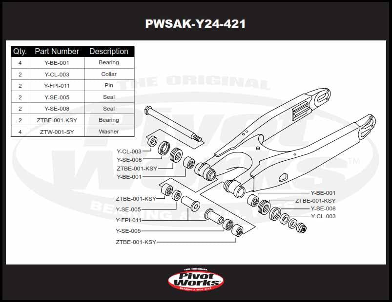 SWINGARM BEARING KIT YZ125, PIVOT WORKS PWSAK-Y24-421 YZ125 06-18