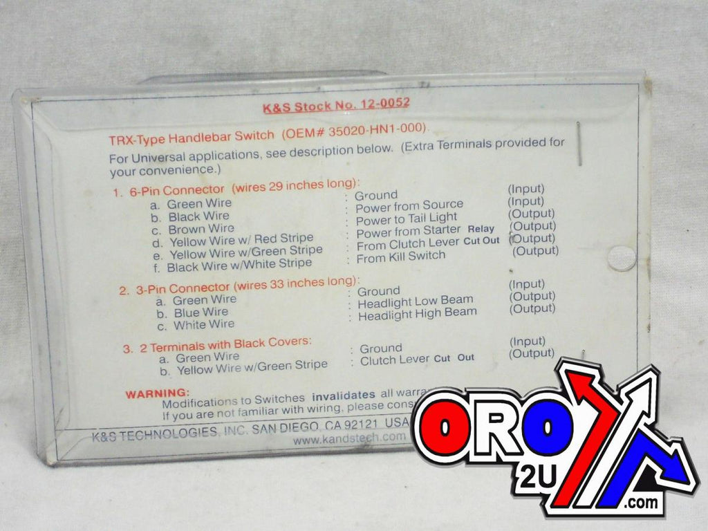 SWITCH LIGHT START, KILL, HONDA TRX 35020-HN1-00, K&S KS12-0052