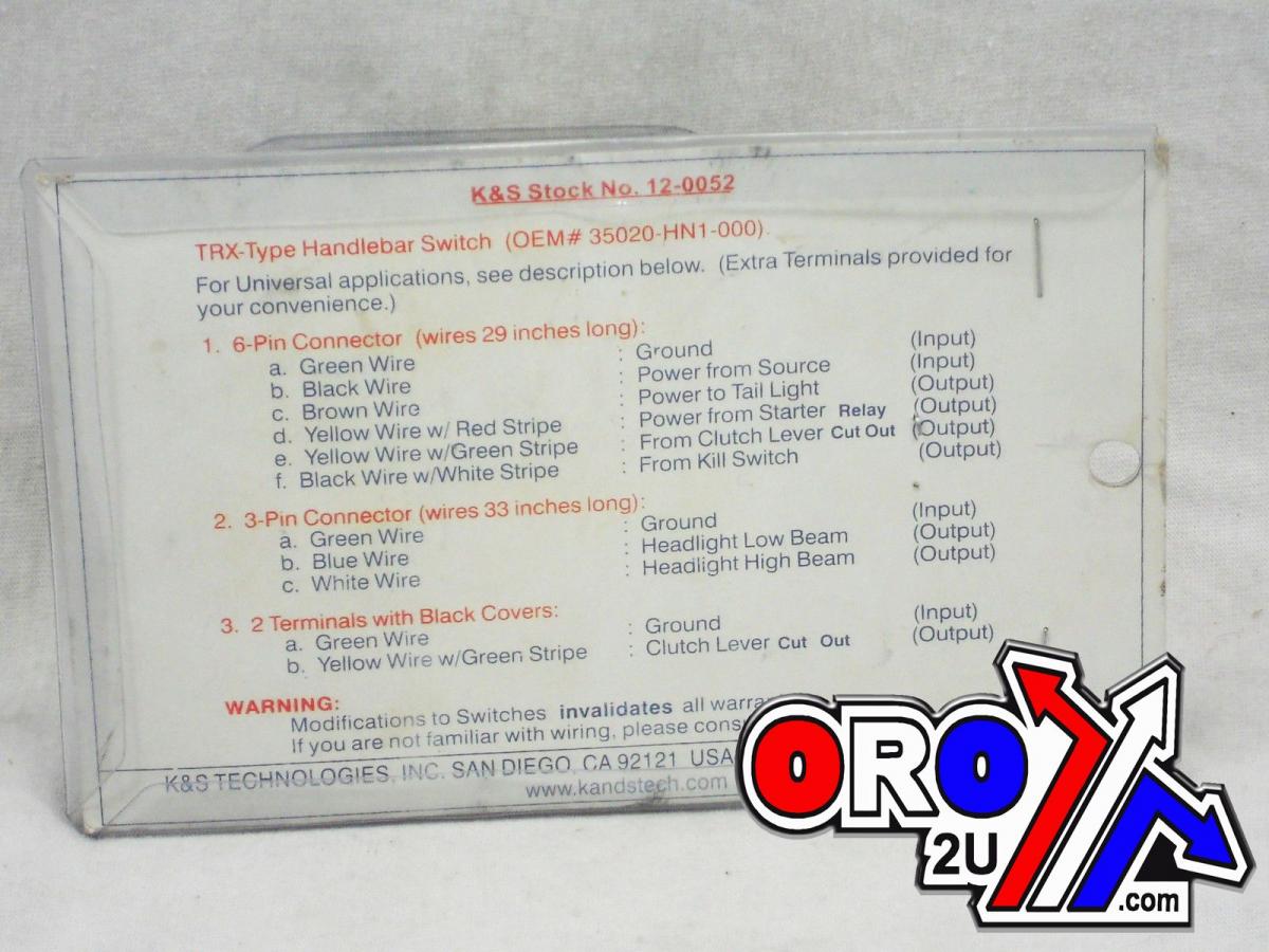 SWITCH LIGHT START, KILL, HONDA TRX 35020-HN1-00, K&S KS12-0052