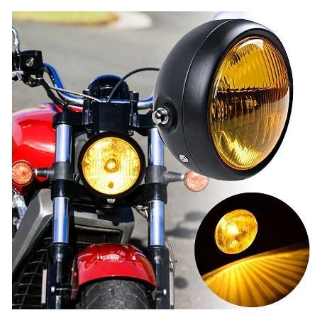 HEADLIGHT YELLOW CAFE RACER VINTAGE STYLE, WITH GRILLE AND MOUNTING BRACKET