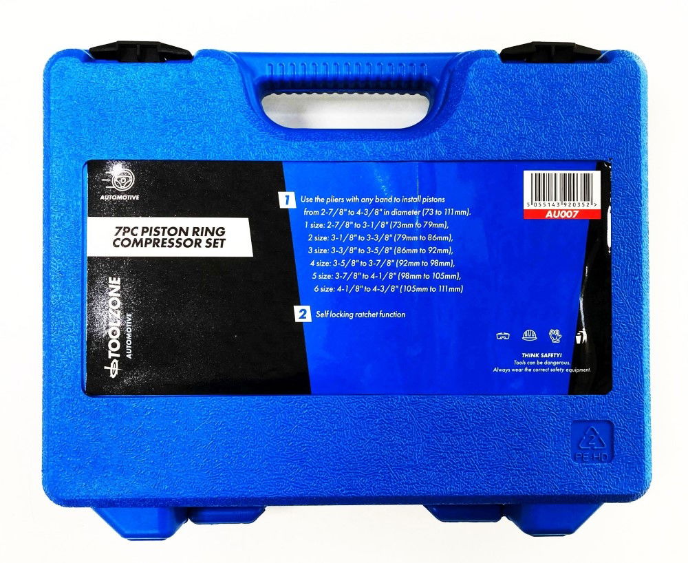 PISTON RING COMPRESSOR SET 7pc 73-111mm WITH PLIER - TOOLZONE KDPAU007