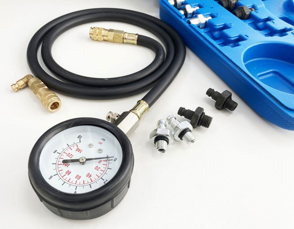 OIL PRESSURE TEST KIT 0-10 bar 1-140 psi 10 ADAPTORS 1.2m HOSE - TOOLZONE KDPAU376
