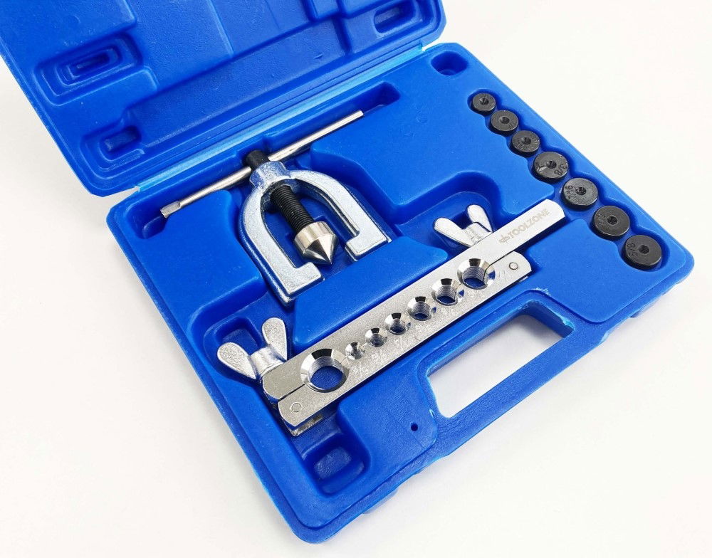 BRAKE PIPE FLARING TOOL KIT 9pc WITH 7 DIES 3/16 TO 5/8 - TOOLZONE KDPAU383