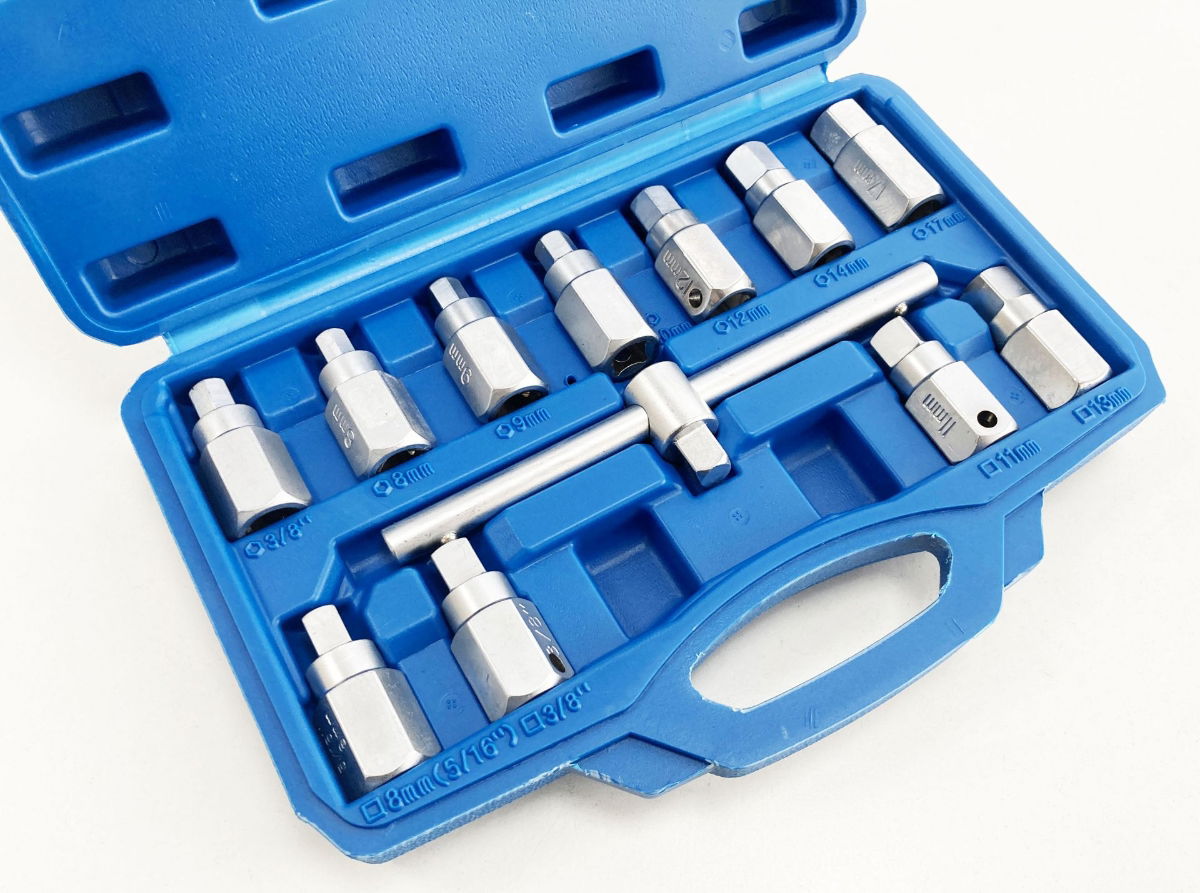 DRAIN PLUG KEY SET 12pc HEX AND SQUARE BITS - TOOLZONE KDPAU401