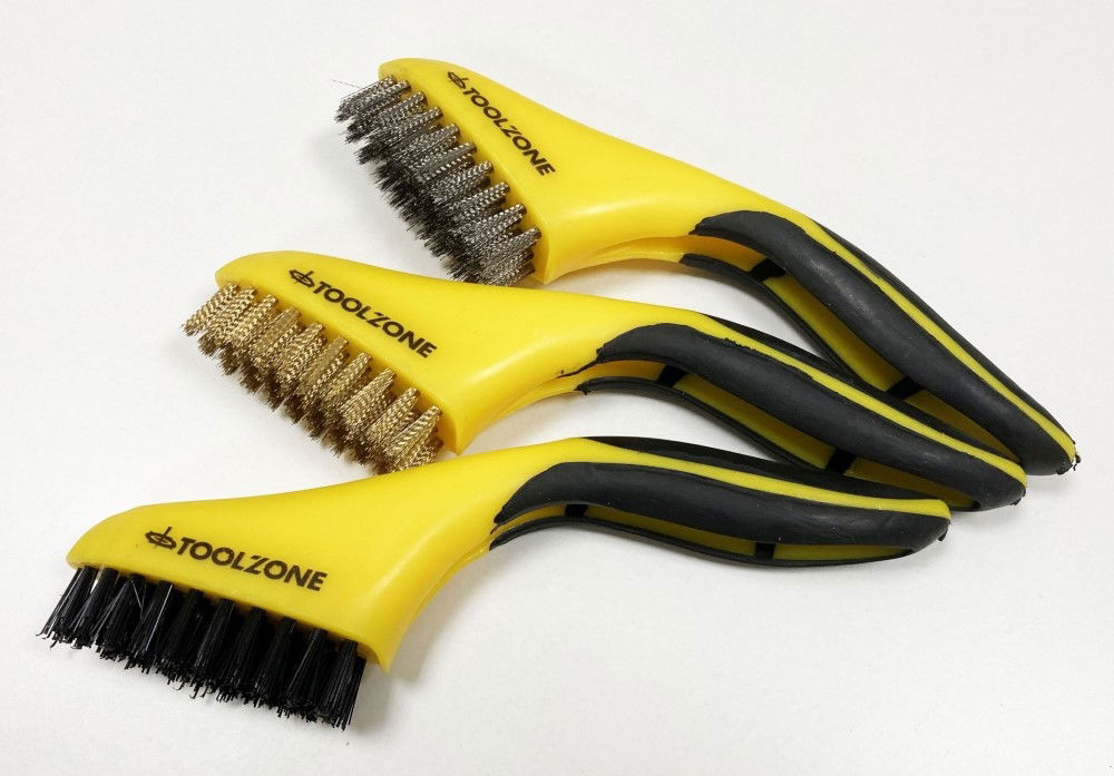 WIRE BRUSH SET 3PC WIDE 20cm STAINLESS STEEL NYLON BRASS - TOOLZONE KDPBR063