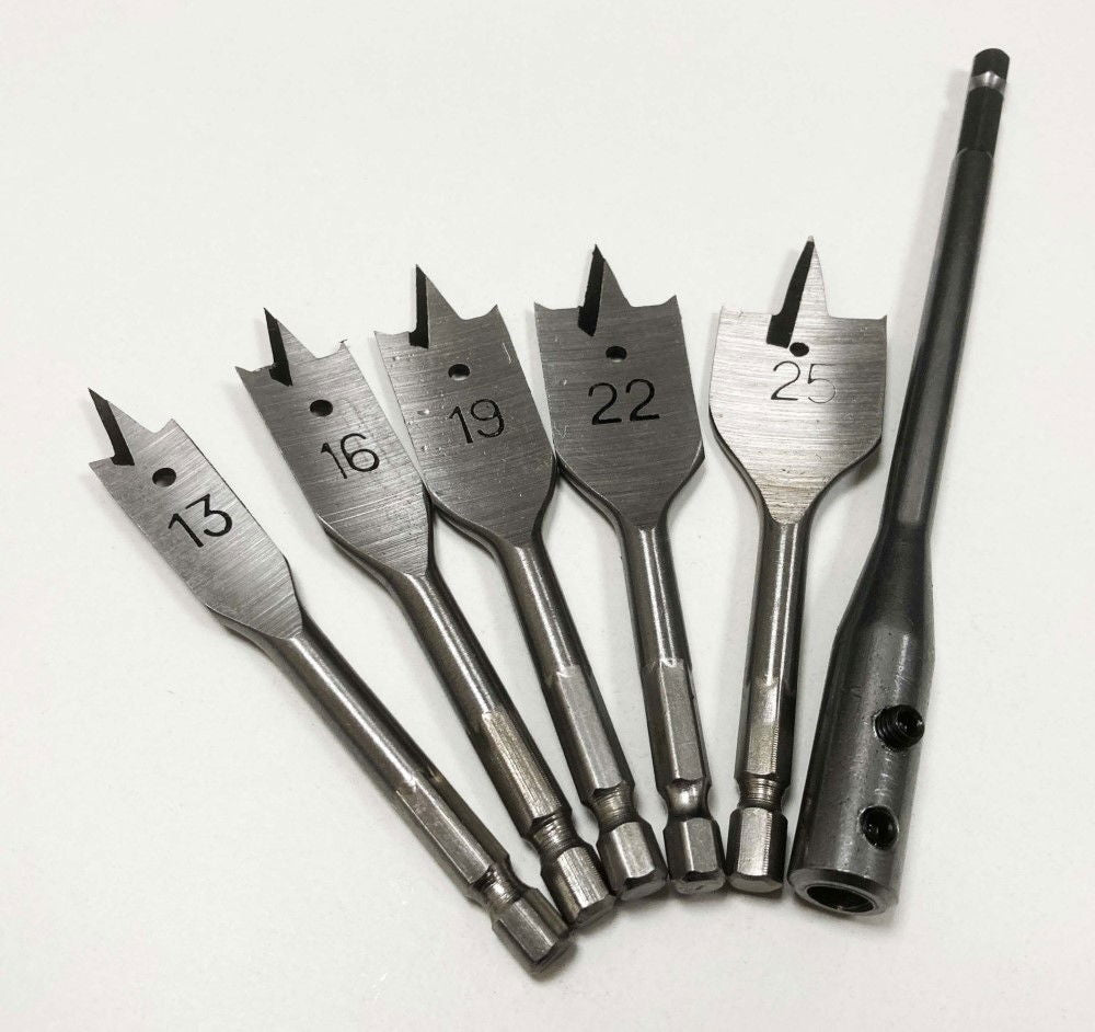WOOD BIT SET STUBBY FLAT 7PC 100mm WITH EXTENSION AND KEY - TOOLZONE KDPDR066