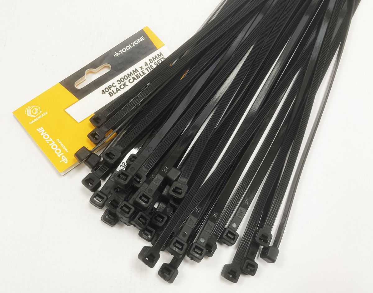 CABLE TIES 40PC 12 BLACK 4.8mm WIDE NYLON 40 - TOOLZONE KDPEL128