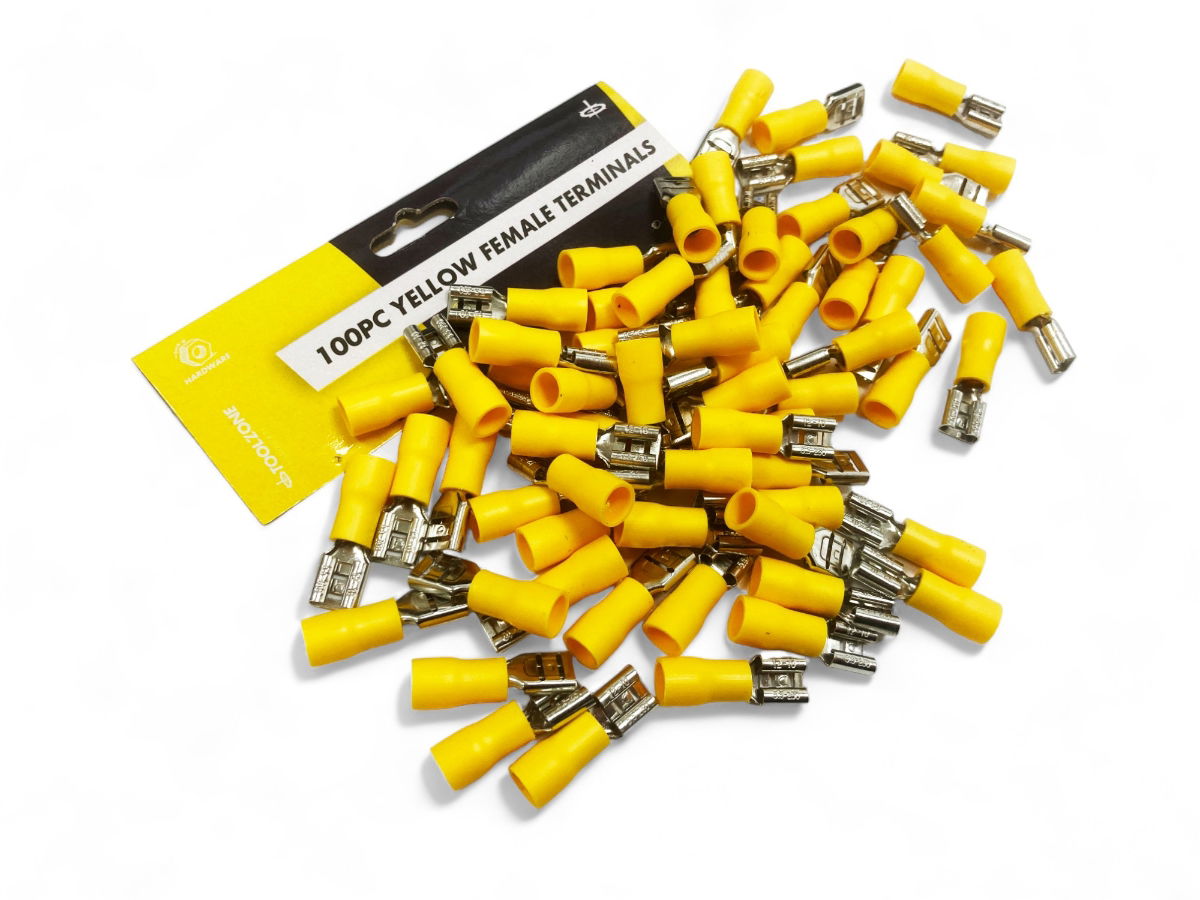 FEMALE TERMINALS 100PC YELLOW SEMI INSULATED 12-10 awg 6.3mm x 0.4mm - TOOLZONE KDPEL141