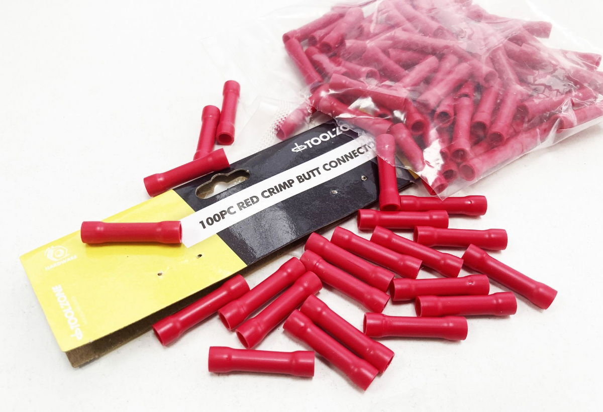 CRIMP BUTT CONNECTORS 100PC RED INSULATED 0.5-1.5mm² - TOOLZONE KDPEL143