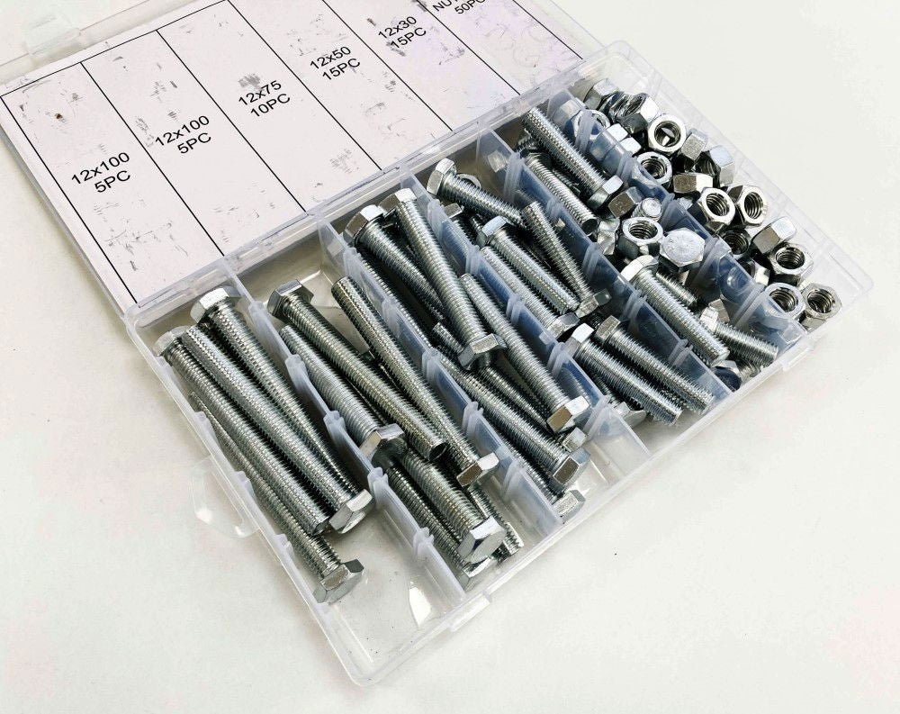 BOLTS AND NUTS ASSORTMENT 100pc 12mm M12 1.75mm PITCH - TOOLZONE KDPHW004