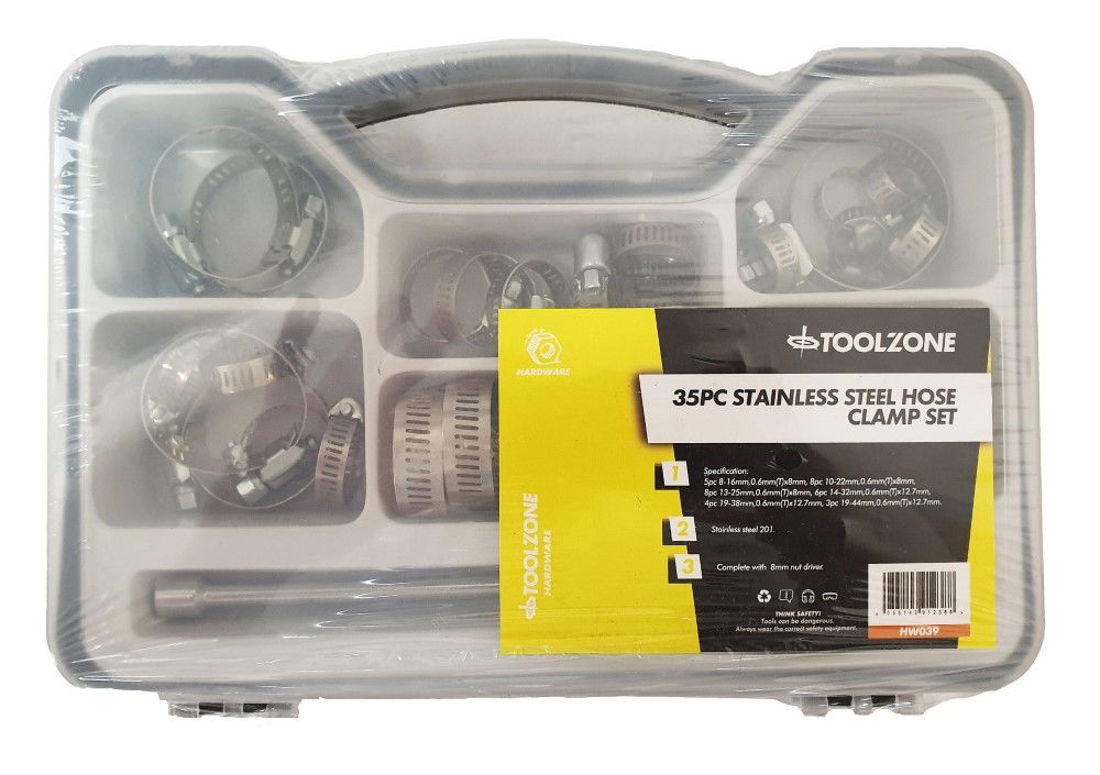 HOSE CLAMP SET 35pc STAINLESS STEEL 8-44mm - TOOLZONE KDPHW039