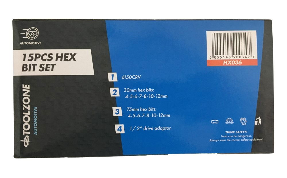 HEX BIT SET METRIC 15pc WITH 1/2 DRIVE ADAPTOR CHROME VANADIUM - TOOLZONE KDPHX036
