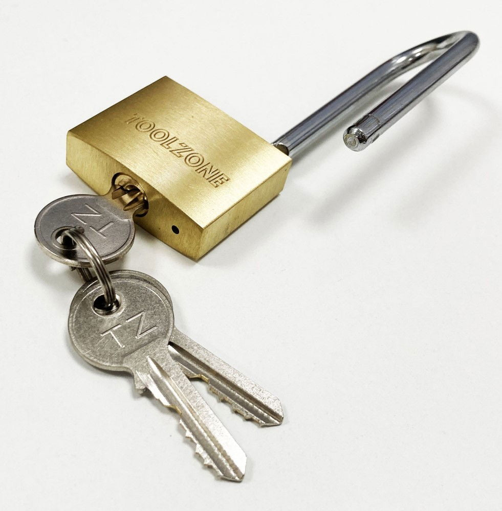 PADLOCK LONG SHANK BRASS 38mm 57mm SHACKLE WITH 3 KEYS - TOOLZONE KDPLK040