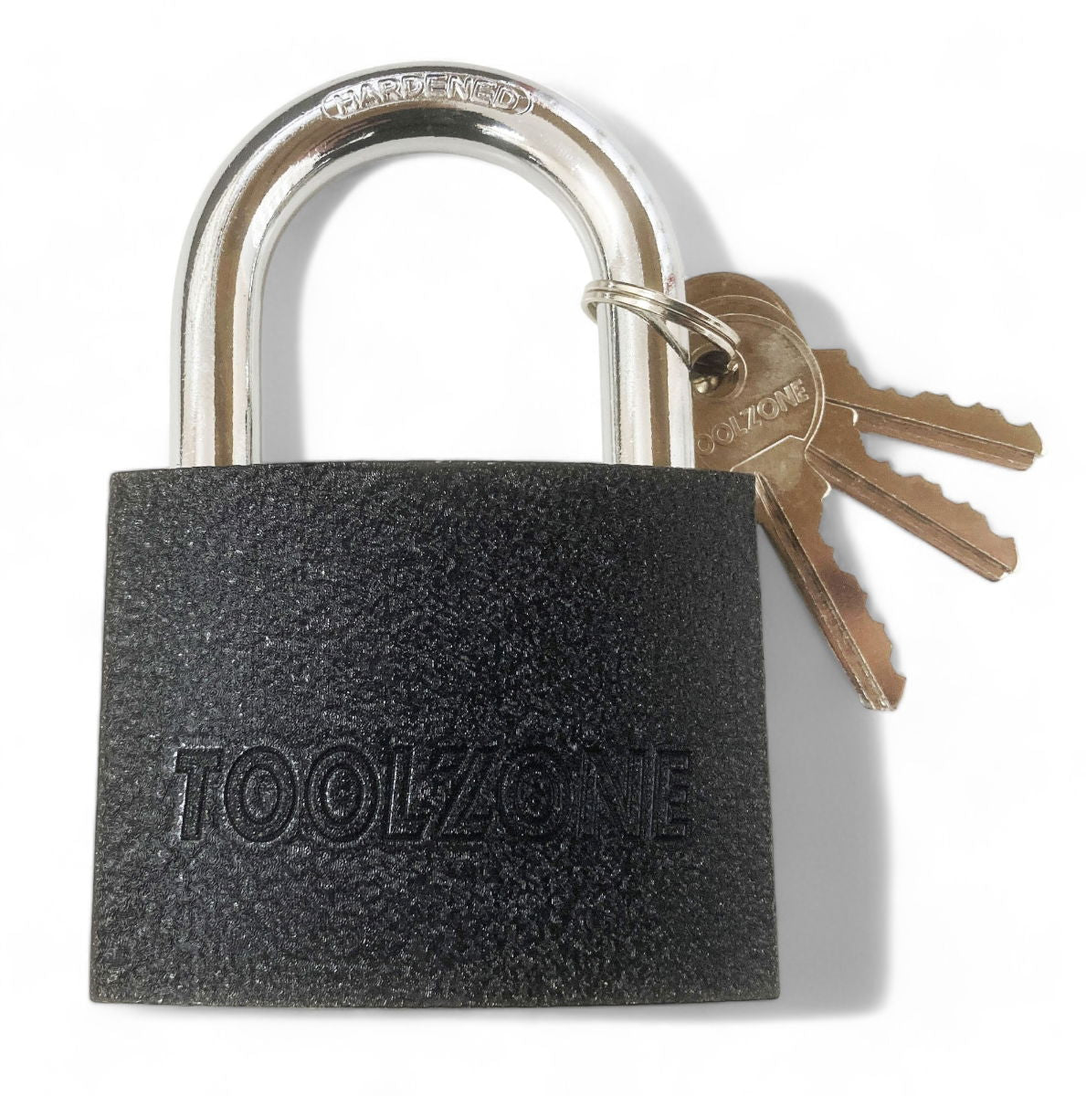 PADLOCK IRON 75mm HARDENED SHACKLE BRASS CORE WITH 3 KEYS - TOOLZONE KDPLK112