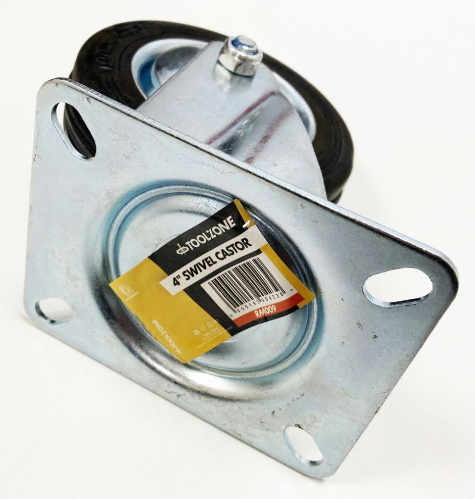CASTOR SWIVEL 4 100mm RUBBER WHEEL STEEL PLATE 70kg - TOOLZONE KDPRM009