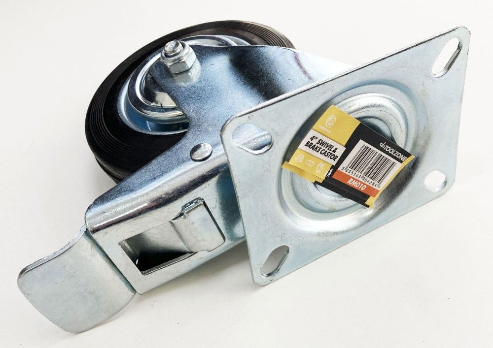 CASTOR SWIVEL WITH BRAKE 4 100mm RUBBER WHEEL STEEL PLATE 80kg - TOOLZONE KDPRM010