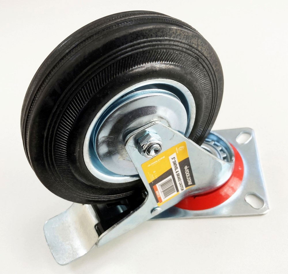 CASTOR SWIVEL WITH BRAKE 5 125mm RUBBER WHEEL STEEL PLATE 70kg - TOOLZONE KDPRM013