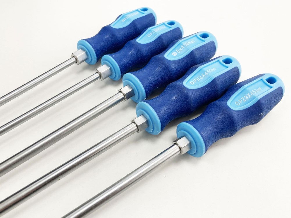 EXTRA-LONG SCREWDRIVER SET 5PC 450mm PZ2 PZ3 PH2 PH3 8mm - TOOLZONE KDPSD074