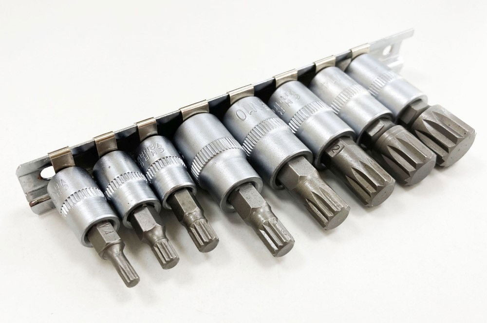 SPLINE BIT SOCKET SET 8PC 1/4 3/8 DRIVE M4-M16 ON RAIL - TOOLZONE KDPSD079