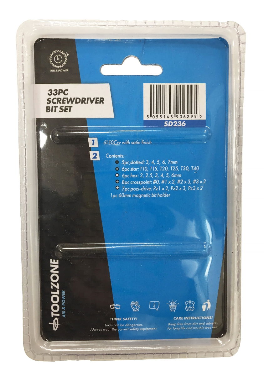 POWER BIT SET CRV 33PC WITH HOLDER SLOT 3-7mm PHILLIPS 0-3 POZI 1-3 HEX 2-6 STAR T10-T40 - TOOLZONE KDPSD236