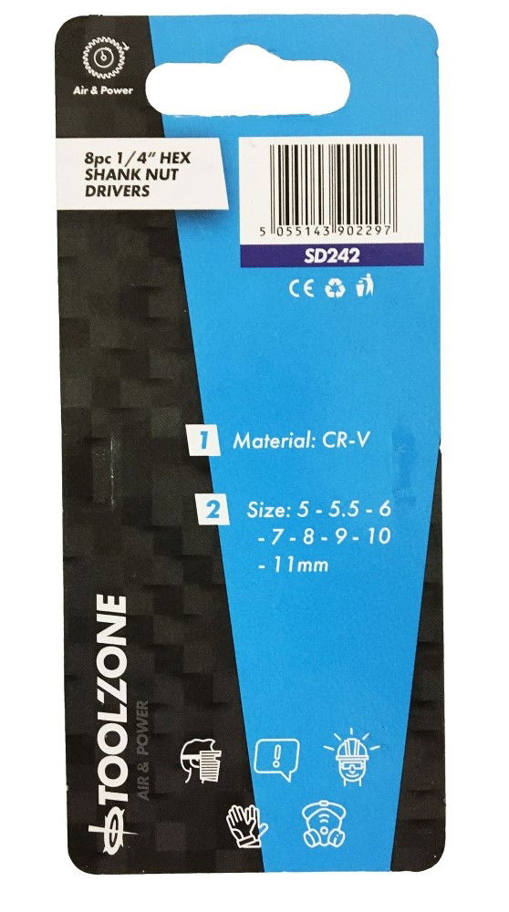 NUT DRIVER SET 8PC 1/4 HEX SHANK 5-11mm - TOOLZONE KDPSD242