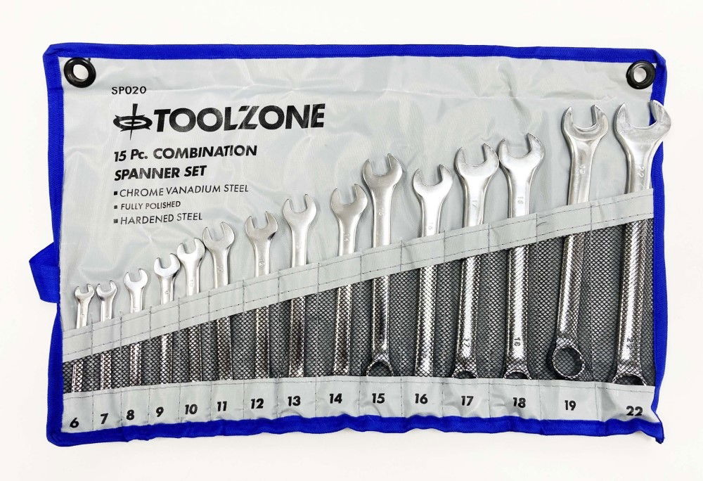 COMBINATION SPANNER SET 15PC 6-19mm 22mm CHROME VANADIUM SATIN - TOOLZONE KDPSP020