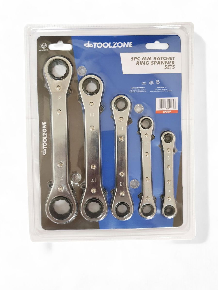 FLAT RATCHET RING SPANNER SET 5PC 6x8mm TO 19x21mm CHROME PLATED - TOOLZONE KDPSP029
