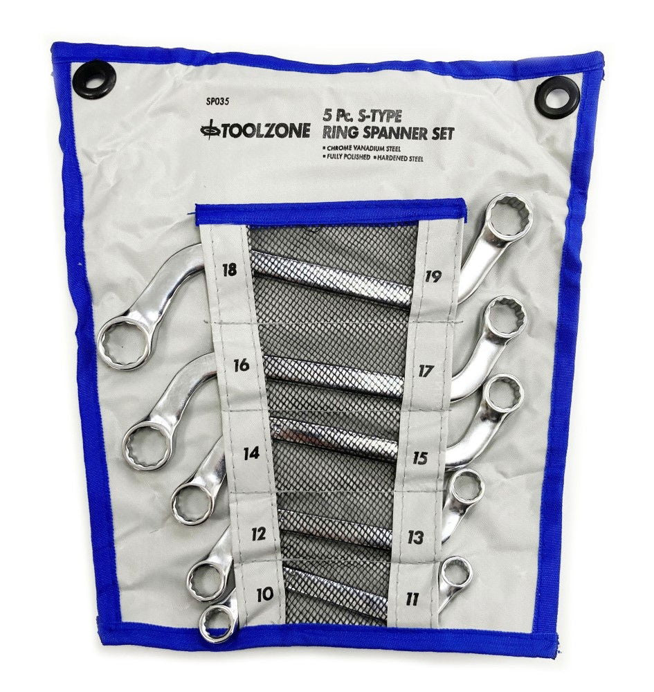 S-SHAPED RING SPANNER SET 5PC 10x11mm TO 18x19mm CHROME VANADIUM POLISHED - TOOLZONE KDPSP035