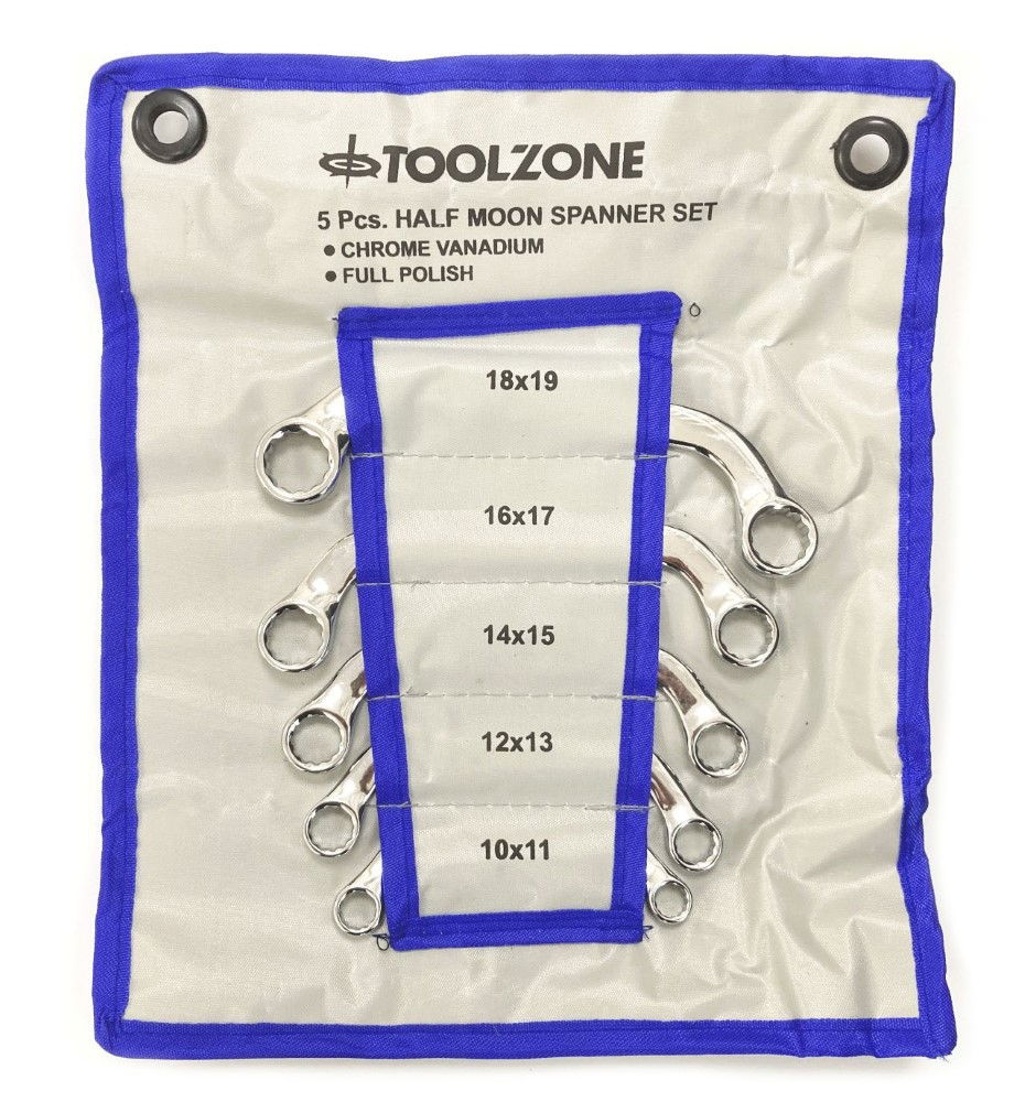HALF MOON SPANNER SET 5PC 10x11mm TO 18x19mm CHROME VANADIUM SATIN - TOOLZONE KDPSP036