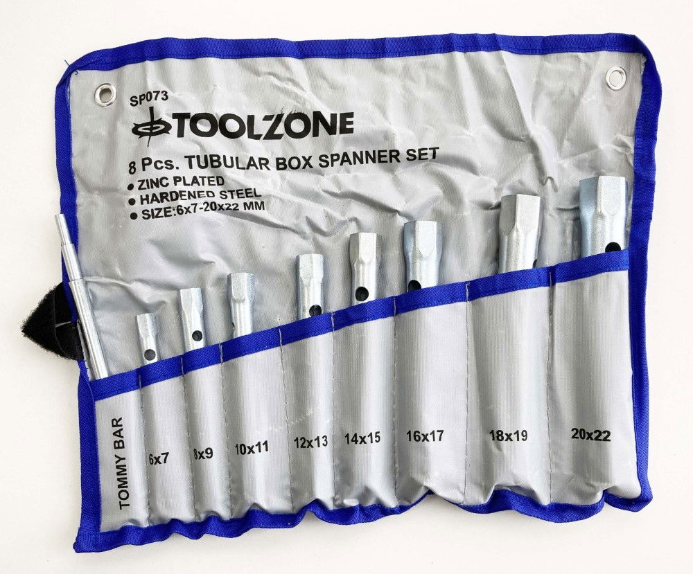 TUBULAR BOX SPANNER SET 8PC 6x7 TO 20x22mm WITH TOMMY BAR - TOOLZONE KDPSP073