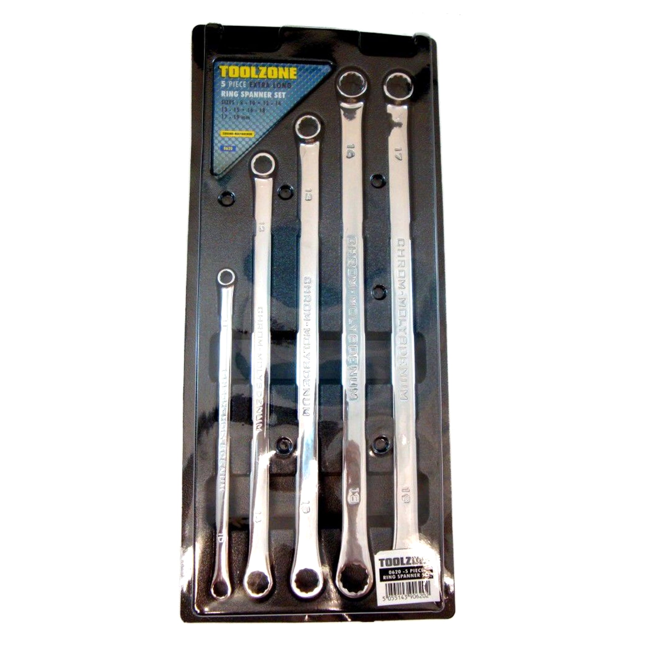 LONG RING SPANNER SET 5PC 8x10 TO 17x19mm CHROME MOLYBDENUM - TOOLZONE KDPSP087
