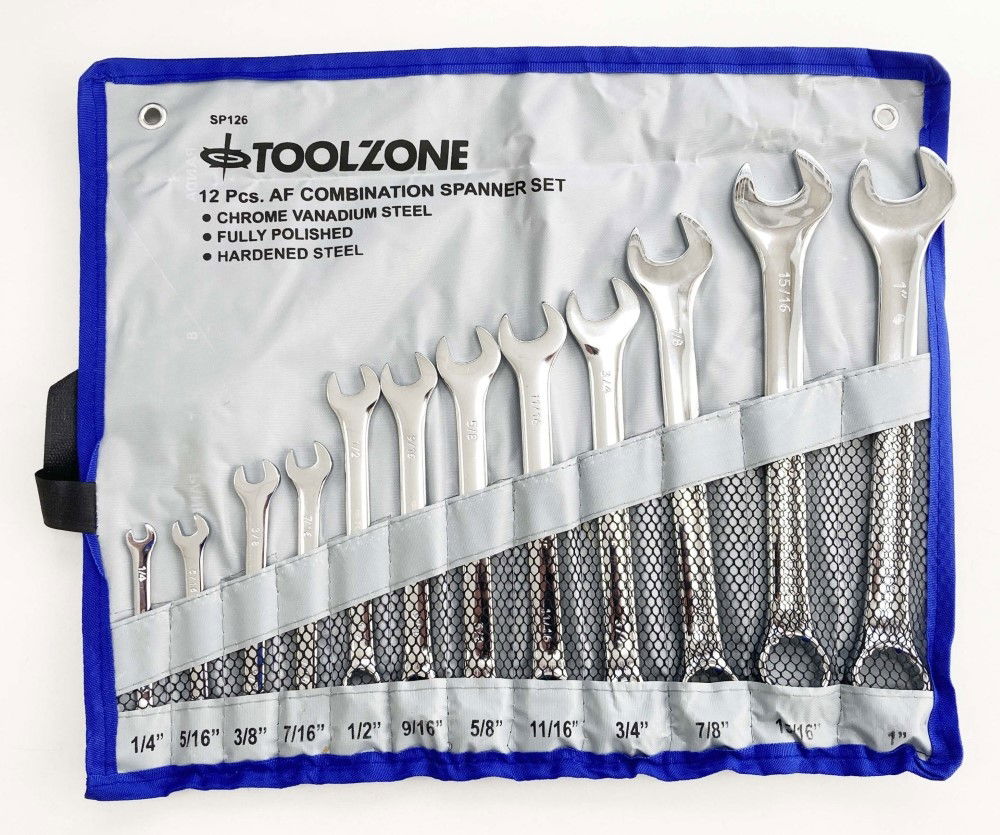 COMBINATION SPANNER SET 12pc AF CHROME VANADIUM SATIN FINISH - TOOLZONE KDPSP126