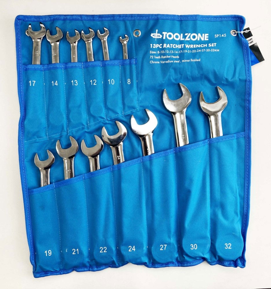 RATCHET WRENCH SET 13pc 8-32mm 72 TEETH CHROME VANADIUM POLISHED FINISH - TOOLZONE KDPSP145