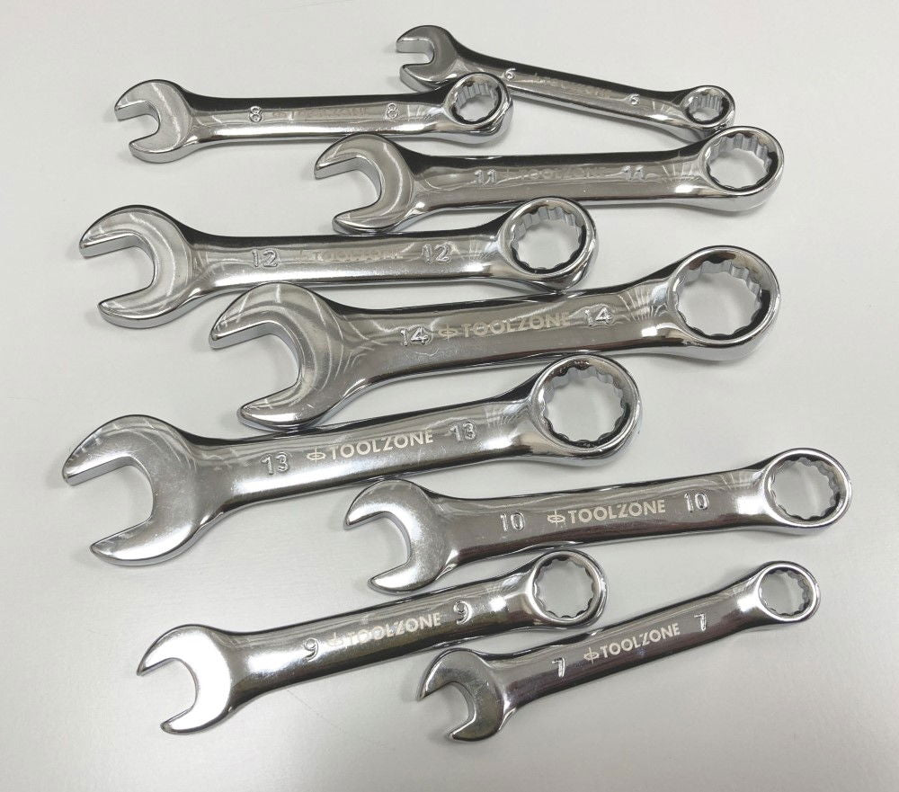 STUBBY SPANNER SET 9pc 6-14mm CHROME VANADIUM FULLY POLISHED IN RACK - TOOLZONE KDPSP172
