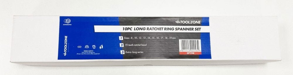RATCHET SPANNER SET LONG 10pc 8-19mm 72 TEETH 6150CRV MIRROR POLISH - TOOLZONE KDPSP194
