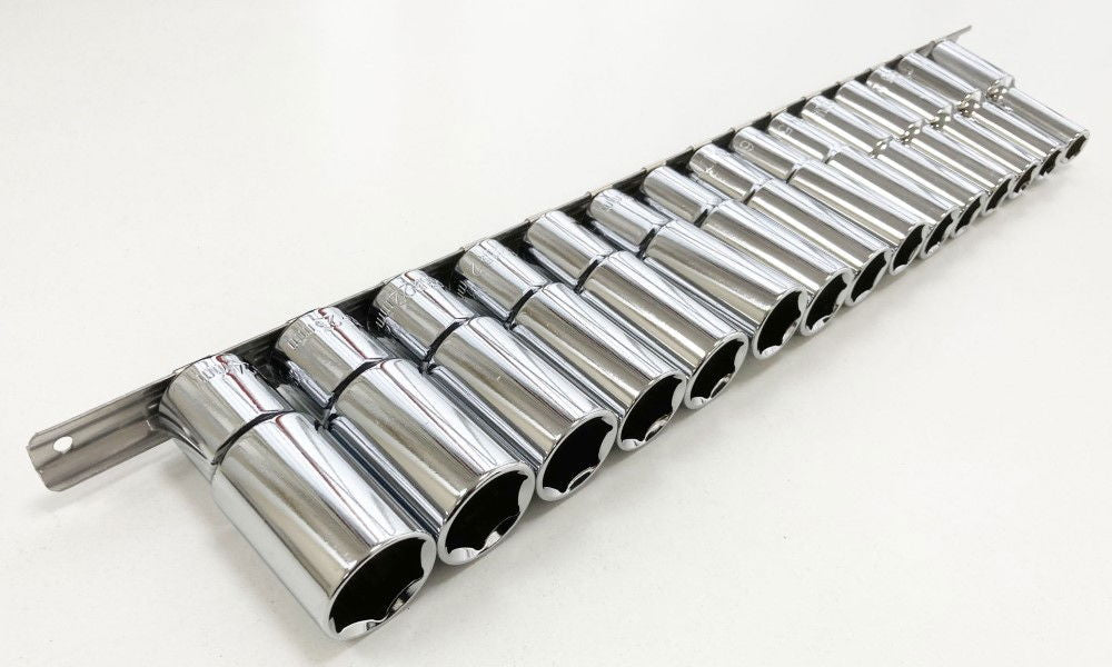 DEEP SOCKET SET 1/2 DRIVE 15pc 10-24mm CRV 6PT ON RAIL - TOOLZONE KDPSS010