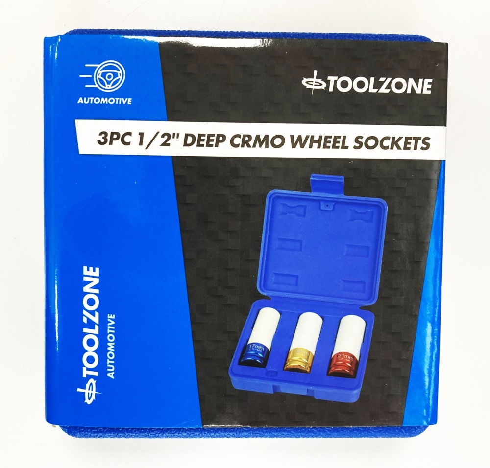 SOCKET SET 1/2 DRIVE 3pc 17-19-21mm CHROME MOLYBDENUM PROTECTIVE SLEEVE - TOOLZONE KDPSS014