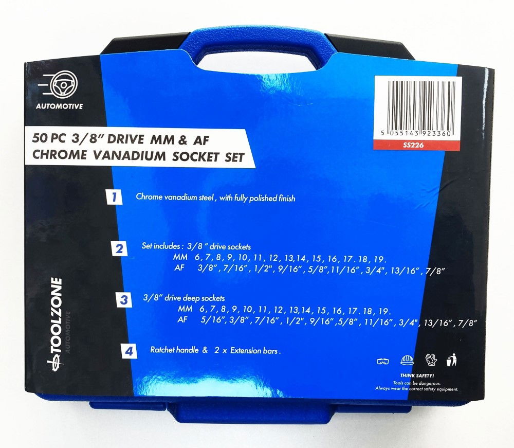 SOCKET SET 3/8 DRIVE MM AND AF 50 PIECES SHALLOW AND DEEP CRV - TOOLZONE KDPSS226