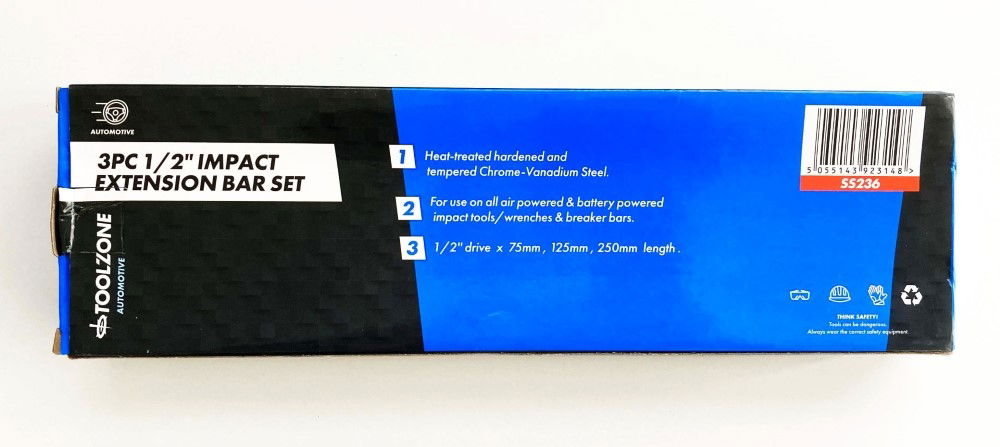 IMPACT EXTENSION BAR SET 1/2 DRIVE 3 PIECES 75mm 125mm 250mm CRV - TOOLZONE KDPSS236