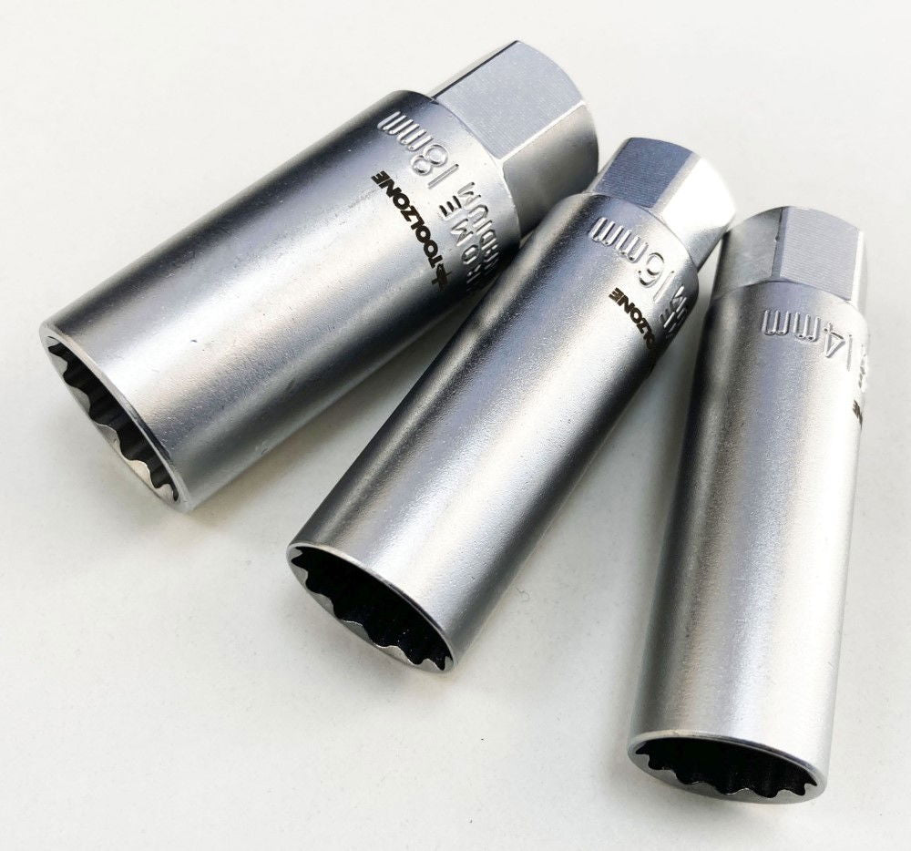 SPARK PLUG SOCKET SET 3/8 DRIVE 3 PIECES 14mm 16mm 18mm THIN WALL SATIN FINISH - TOOLZONE KDPSS242