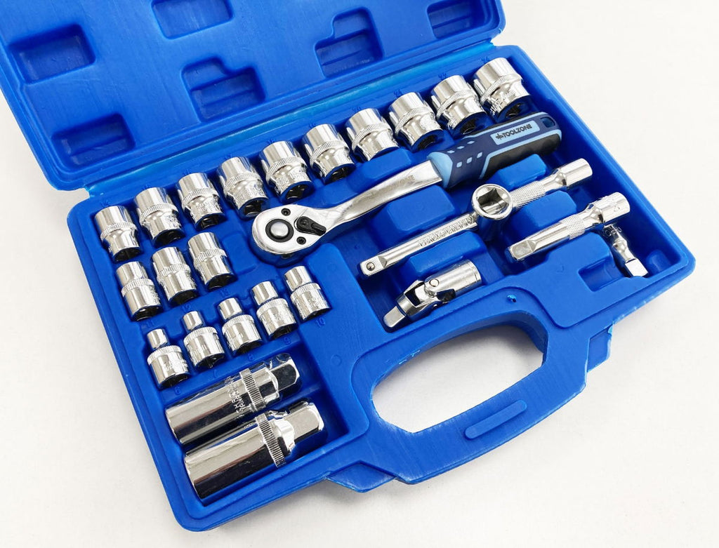 SOCKET SET 26 PIECES 3/8 DRIVE 6mm-24mm MIRROR POLISH CRV IN CASE - TOOLZONE KDPSS260