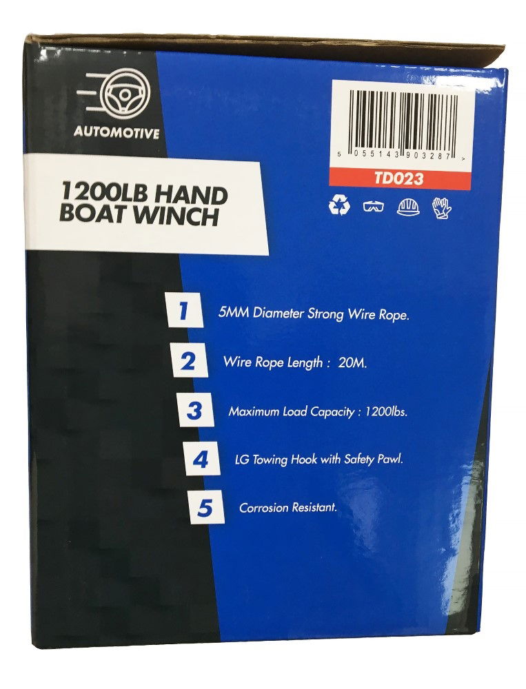 BOAT WINCH 1200lb 20m ROPE 5mm DIAMETER - TOOLZONE KDPTD023
