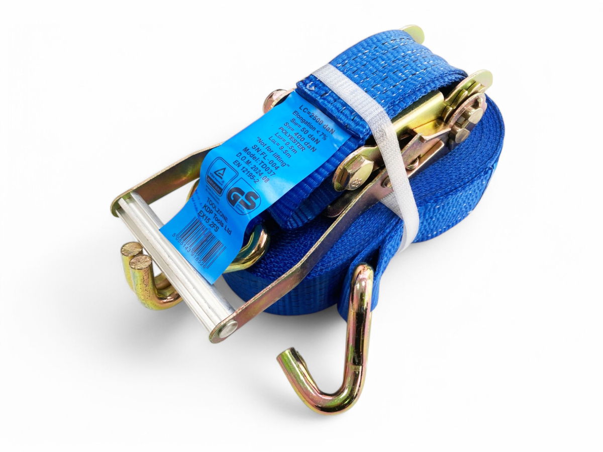HEAVY DUTY RATCHET TIE DOWN 50mm x 10m 2500daN STRAIGHT 5000kg ROUND GS APPROVED - TOOLZONE KDPTD037
