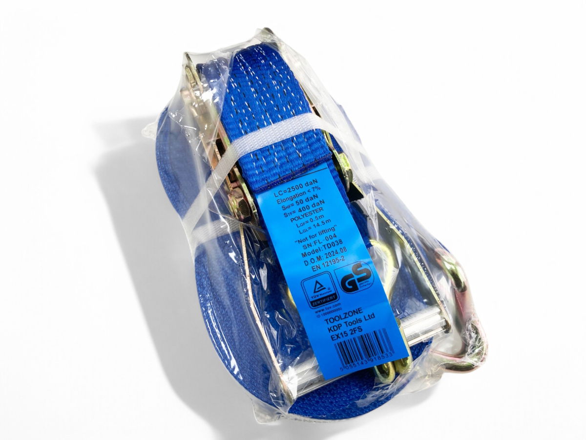 HEAVY DUTY RATCHET TIE DOWN 2 x 15m 2500daN STRAIGHT 5000kg ROUND GS APPROVED - TOOLZONE KDPTD038