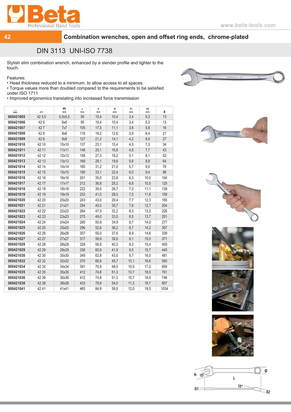 Combination Spanner Wrench Open Offset Ring Ends Chrome-Plated 15mm - Beta Tools 42 15
