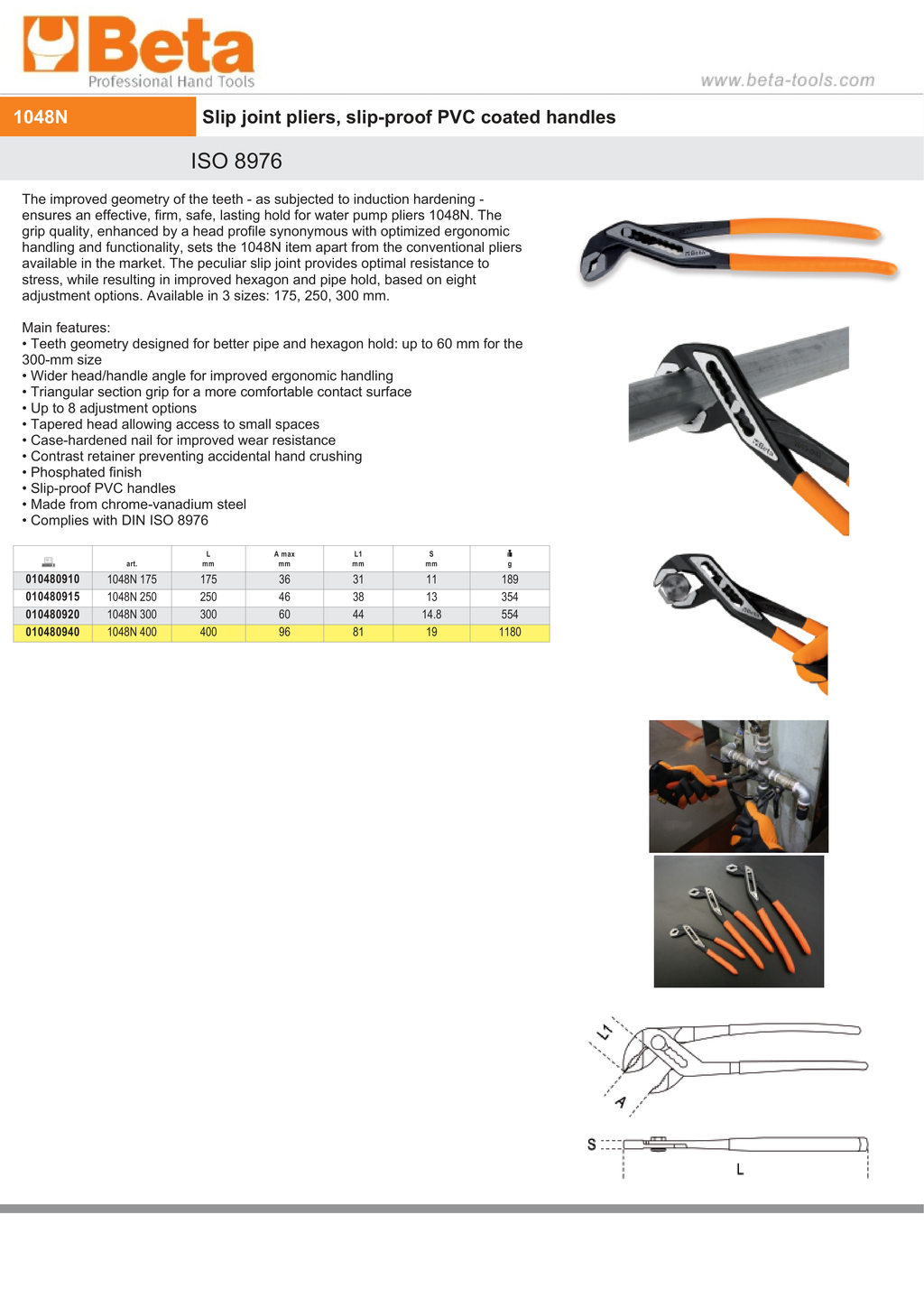 Slip Joint Pliers Slip-Proof PVC Coated Handles 250mm - Beta Tools 1048N 250