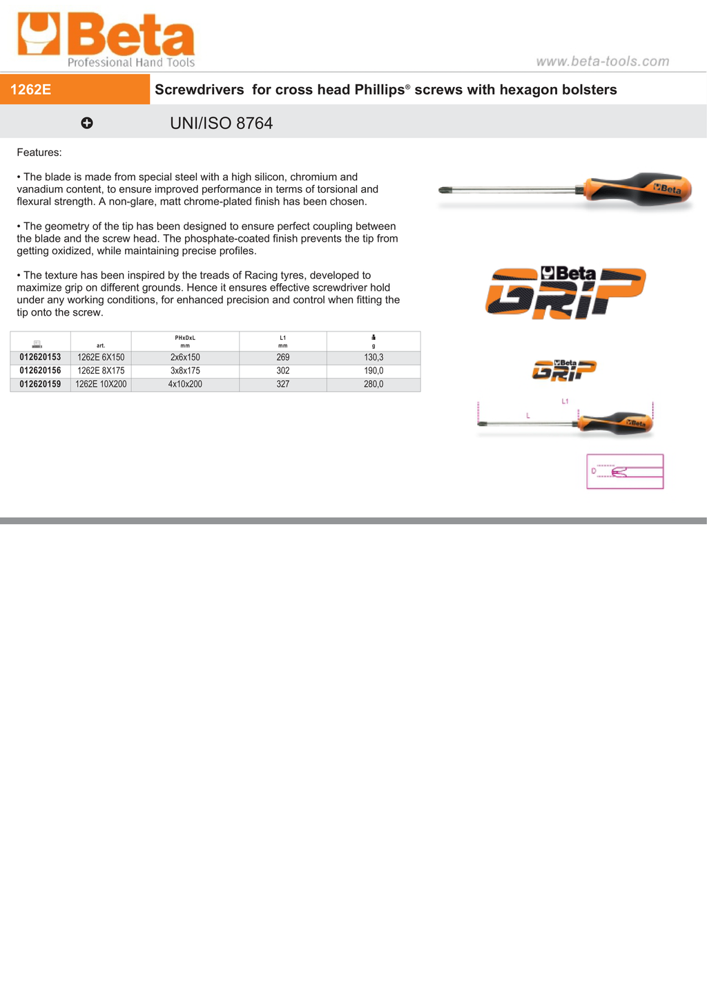Screwdriver for Cross Head Phillips Screws with Hexagon Bolsters PH2 6mm 150mm Length - BetaGRIP 1262E 6X150